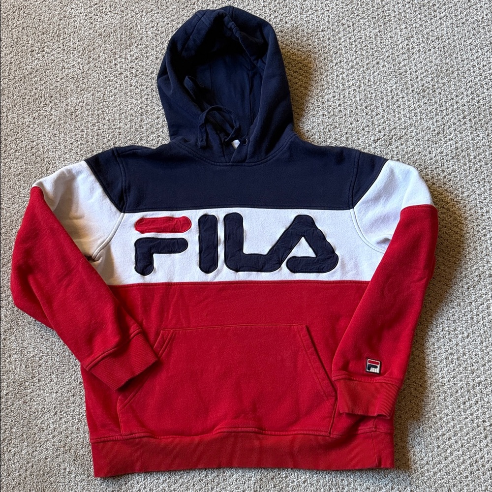 Fila Men's Colorblock Navy Red White Spell Out Logo Hoodie‎ Size M